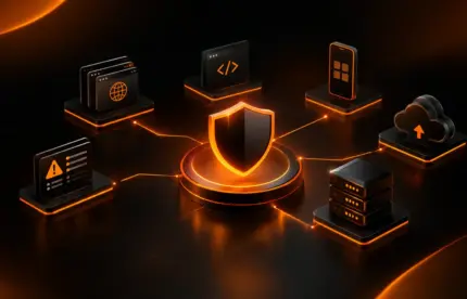 Automated Vulnerability Management across web and mobile applications, api, and cloud infrastructure illustration.